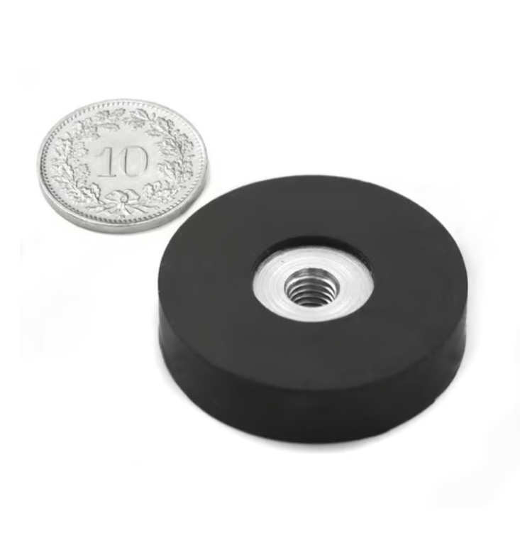 Système d'aimants néodyme Ø 36 mm noir caoutchouté avec filetage intérieur M6, tient environ 21 kg