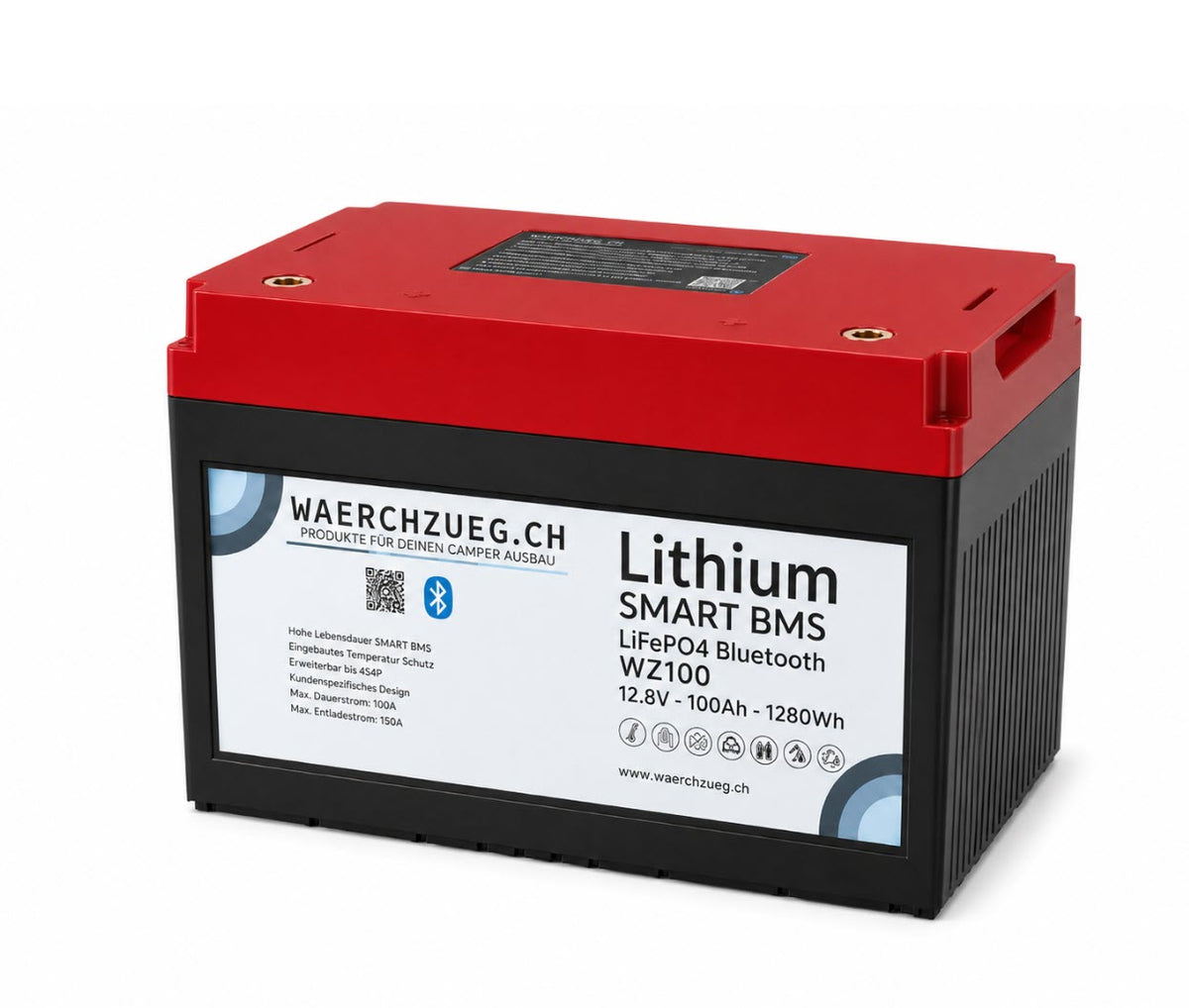 100Ah Lithium LiFePo4 Batterie mit Heizfunktion, 12V, inkl. BMS und Bluetooth, kompakte Masse