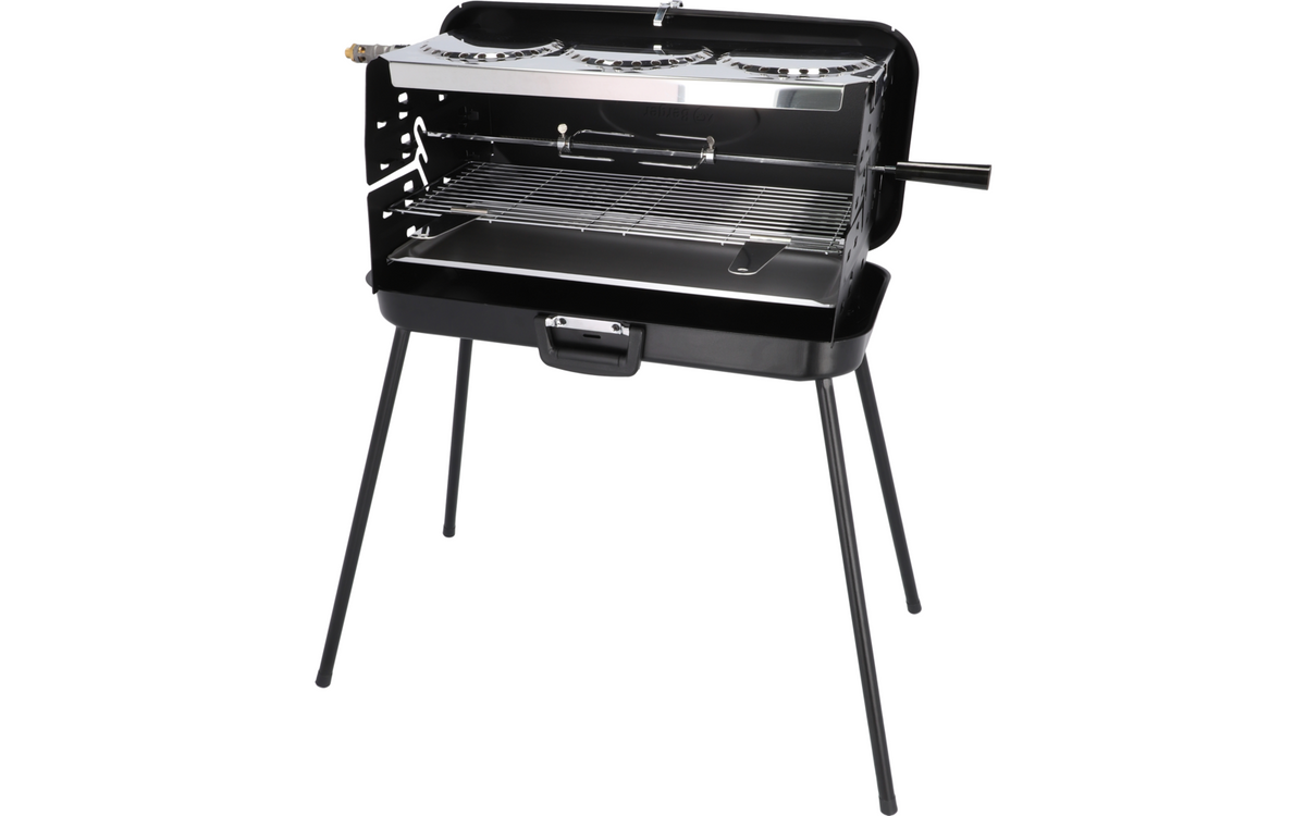 Berger Koffergasgrill schwarz, aufgebaut mit Standbeinen und geöffnetem Deckel