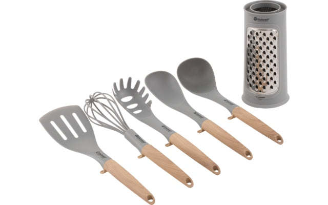Outwell Küchenutensilien-Set Adana 6-teilig bestehend aus Pasta-Löffel / Schneebesen / Spatel / Servierlöffel / Schöpflöffel / Reibe