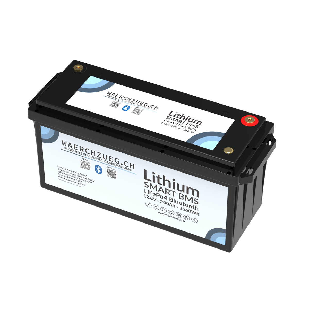 Batterie 200Ah Lithium LiFePo4, 12V, y compris BMS et interrupteur principal ainsi que Bluetooth