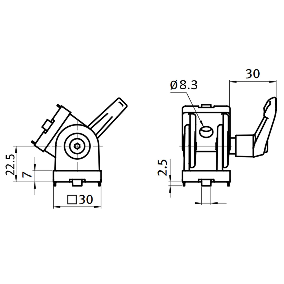Articulation pour profilés 30x30 avec levier de serrage