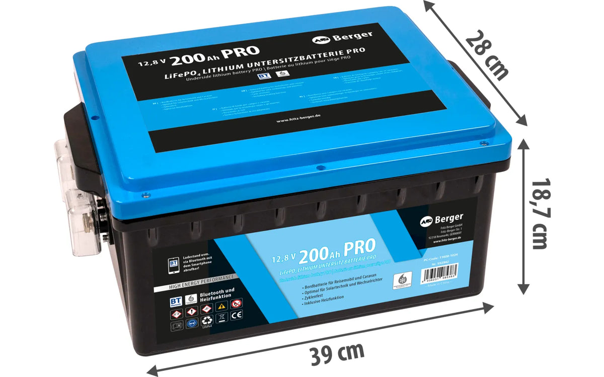 Berger LiFePO4 Lithium Untersitz-Batterie Pro 200Ah 12V mit Bluetooth & Heizung