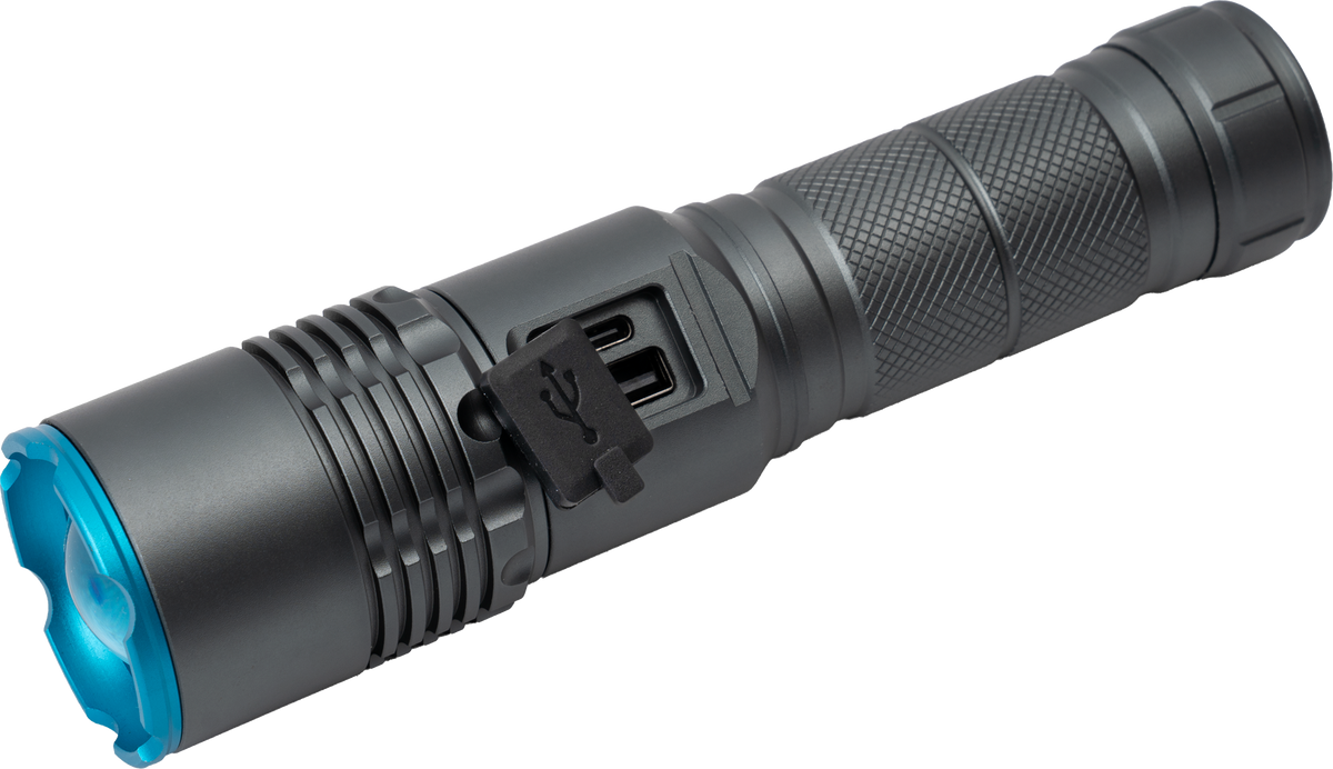 Berger PL 1200 Taschenlampe mit geöffnetem USB-Anschluss