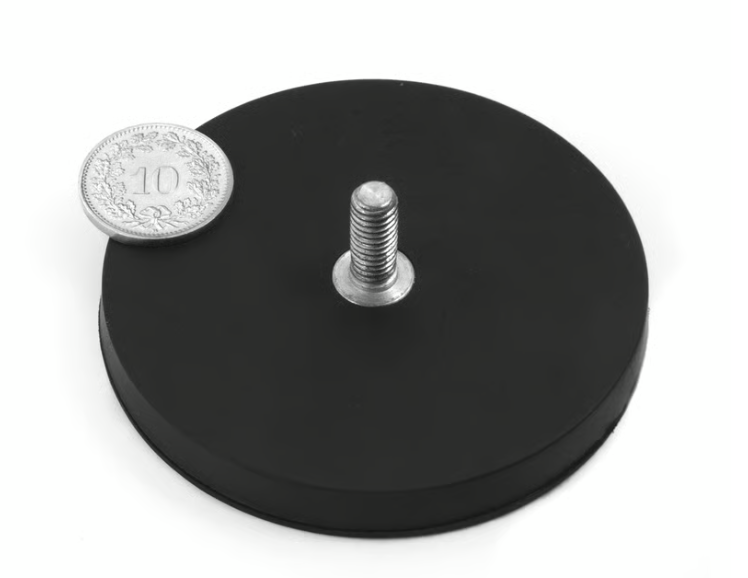 Système d'aimants néodyme Ø 66 mm noir caoutchouté avec pivot fileté, tient environ 25 kg