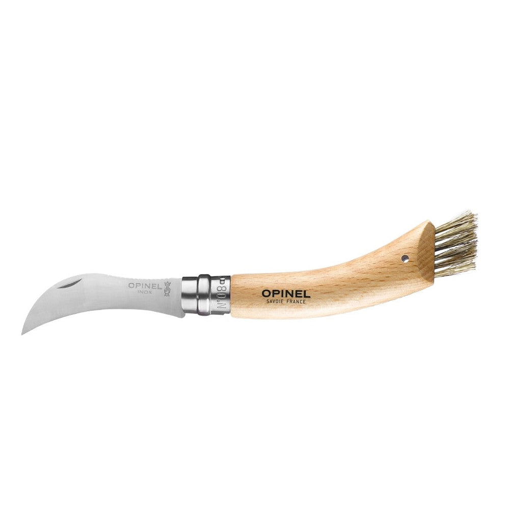 Opinel No. 08 Mushroom Knife with Brush, Folding Knife with Beech Wood Handle, 8 cm Stainless Steel Blade