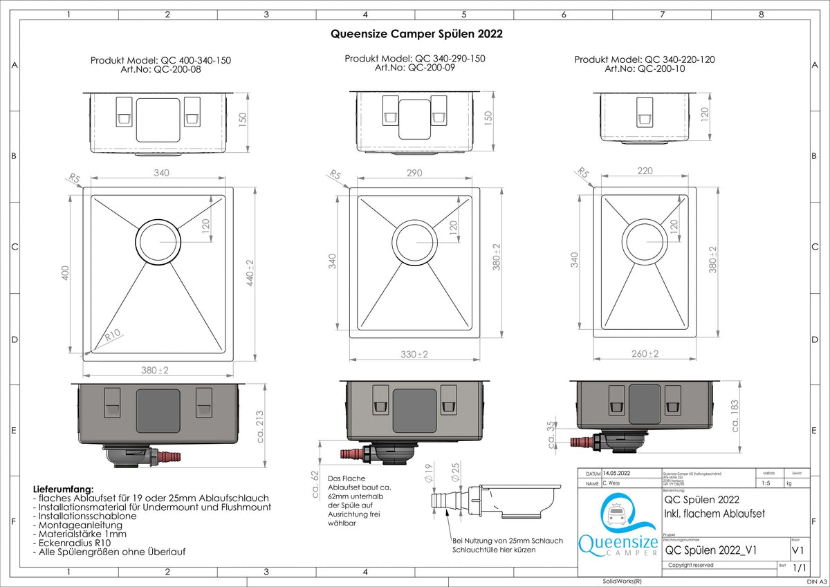 Evier de camping-car "Vanlife" de Queensize Camper, taille S, M ou L