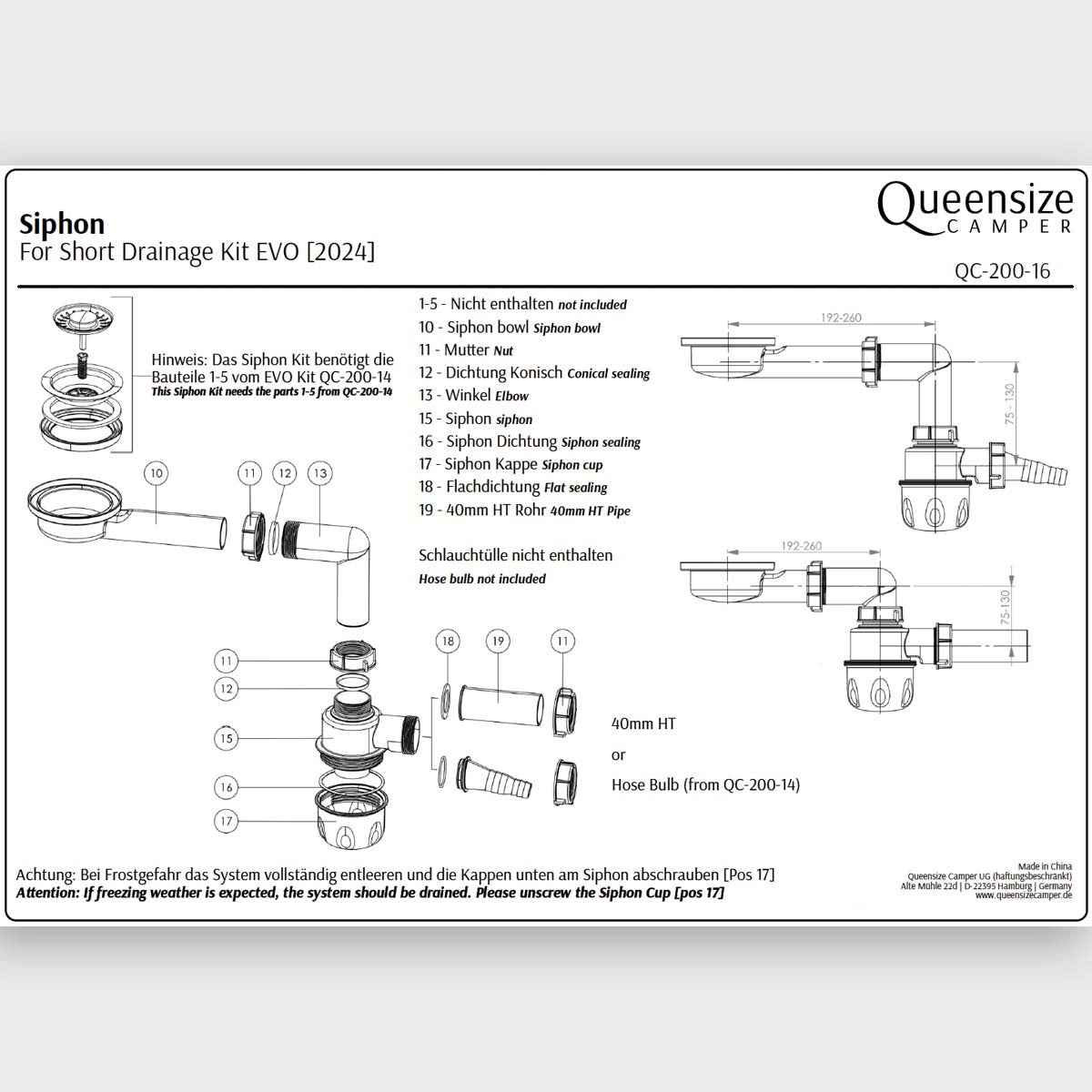 Siphon avec couvercle à visser, adapté aux éviers Queensize Camper
