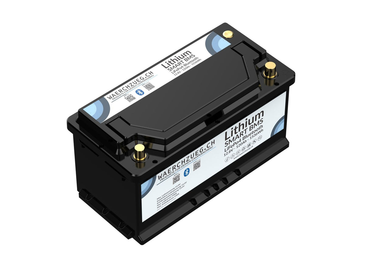 120Ah Lithium LiFePo4 Batterie, 12V, inkl. BMS und Hauptschalter sowie Bluetooth