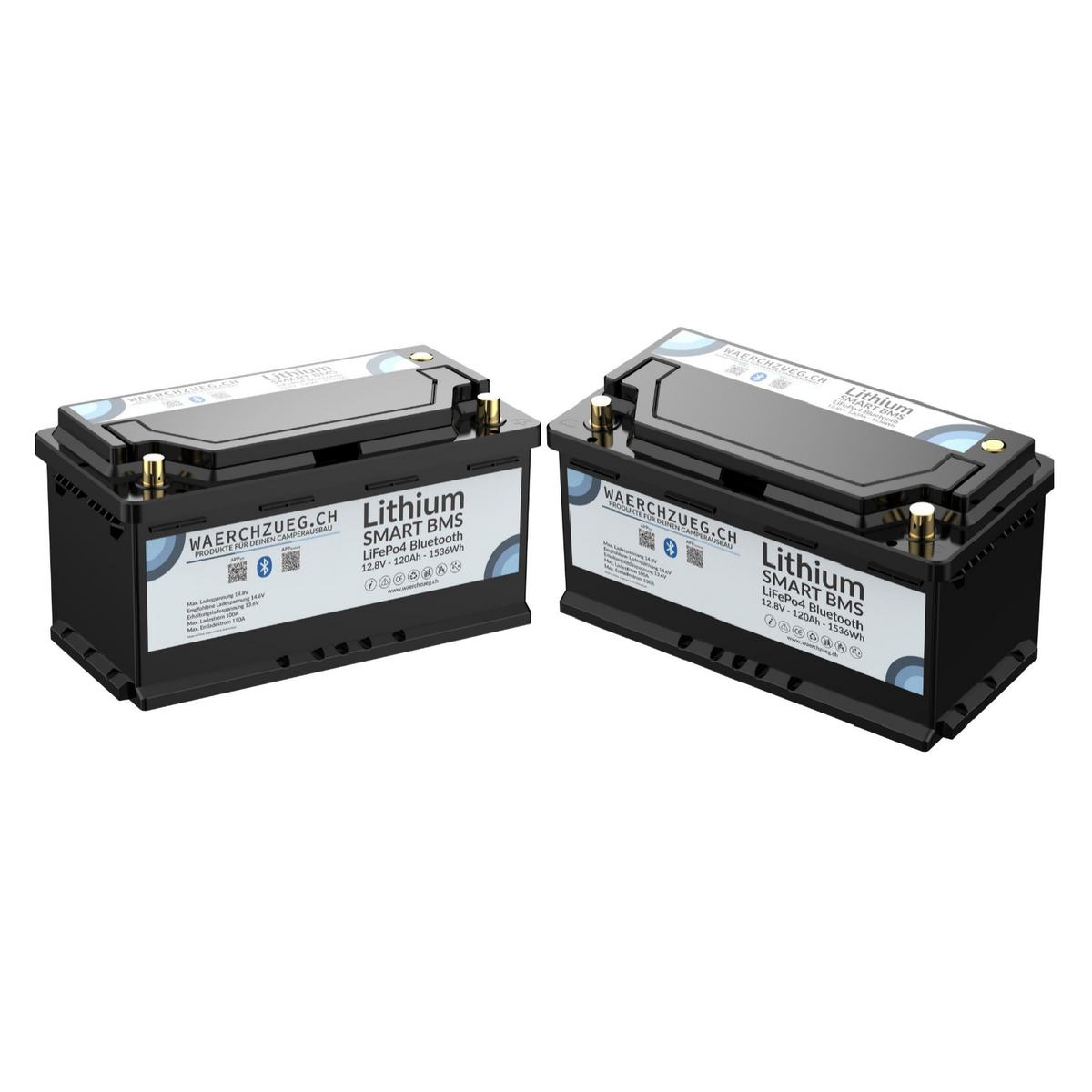 2x 120Ah Lithium LiFePo4 Batterie, 12V, inkl. BMS und Hauptschalter sowie Bluetooth, "Doppeldecker"