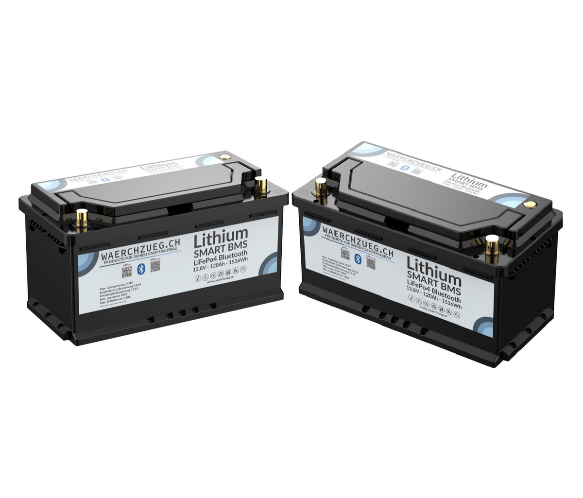 2x 120Ah Lithium LiFePo4 Batterie, 12V, inkl. BMS und Hauptschalter sowie Bluetooth, "Doppeldecker"