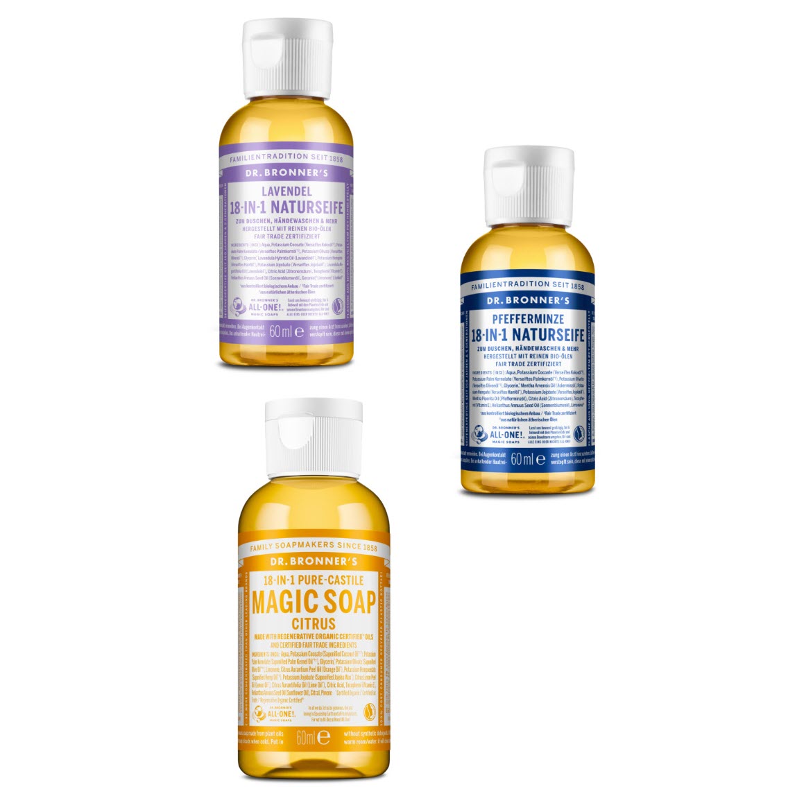 Dr. Bronner 18in1 Body Care Biodégradable (douche, mains, etc.) div. saveurs