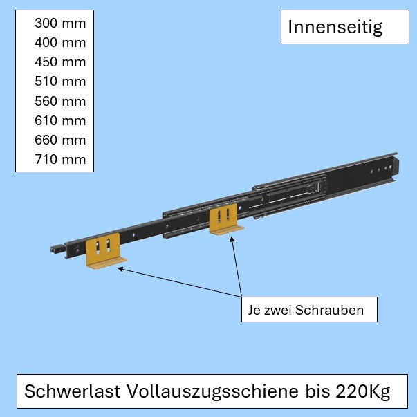 Winkelset innen für Schwerlastschienen bis 220 kg, Montage bei 300–710 mm