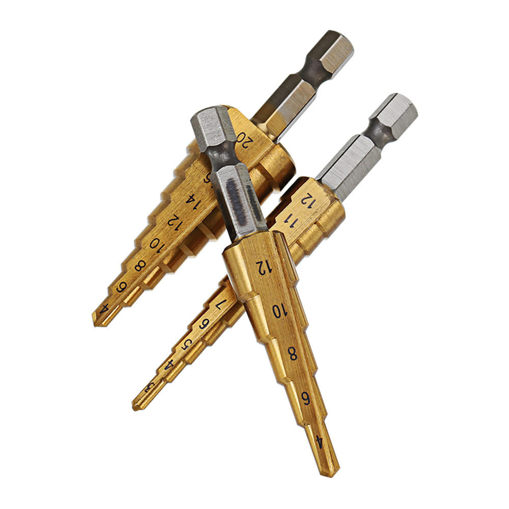 Stufenbohrerset Titanbeschichtet mit Bitaufnahme, Bohrweite 3-12/4-12/4-20mm