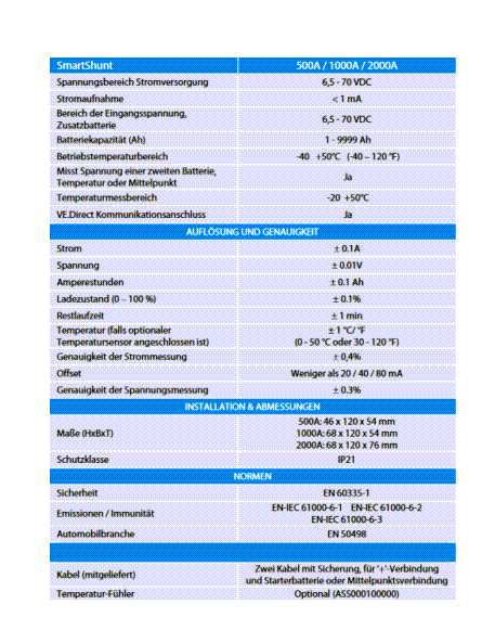 Victron 500A / 1000A / 2000A Contrôleur de batterie SmartShunt Moniteur de batterie VE.Direct