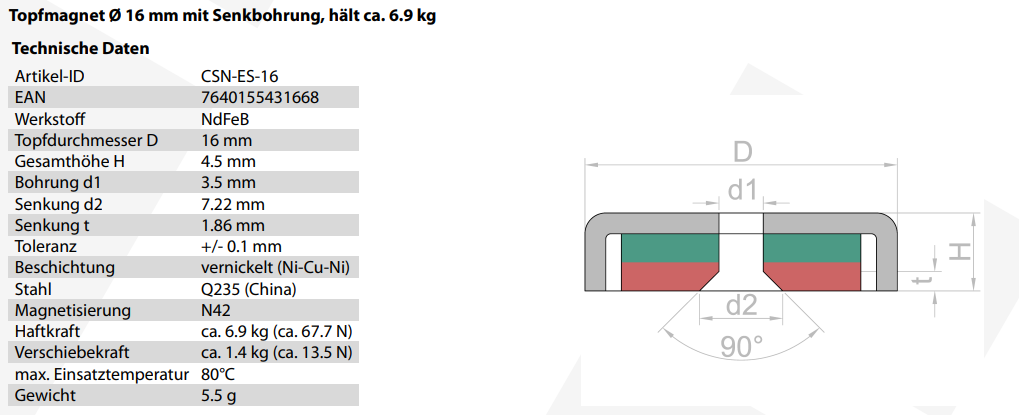 Aimant en forme de pot avec trou fraisé Ø 16 mm, tient environ 6,9 kg
