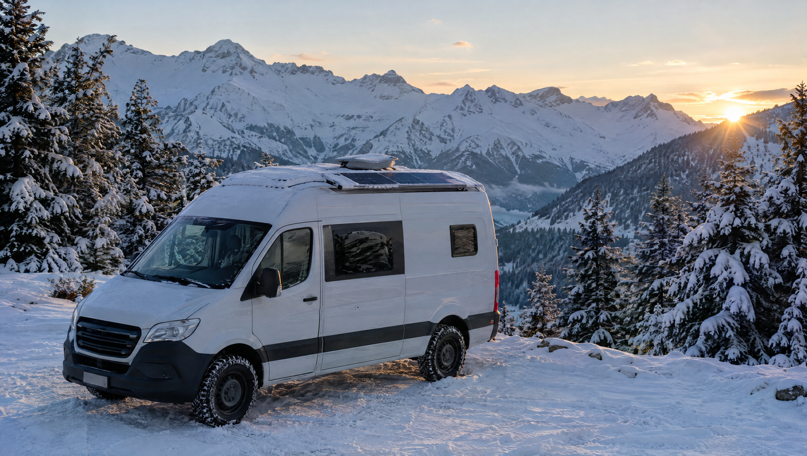 Camper winterfest machen: Kastenwagen im Schnee bei Sonnenaufgang in den Alpen