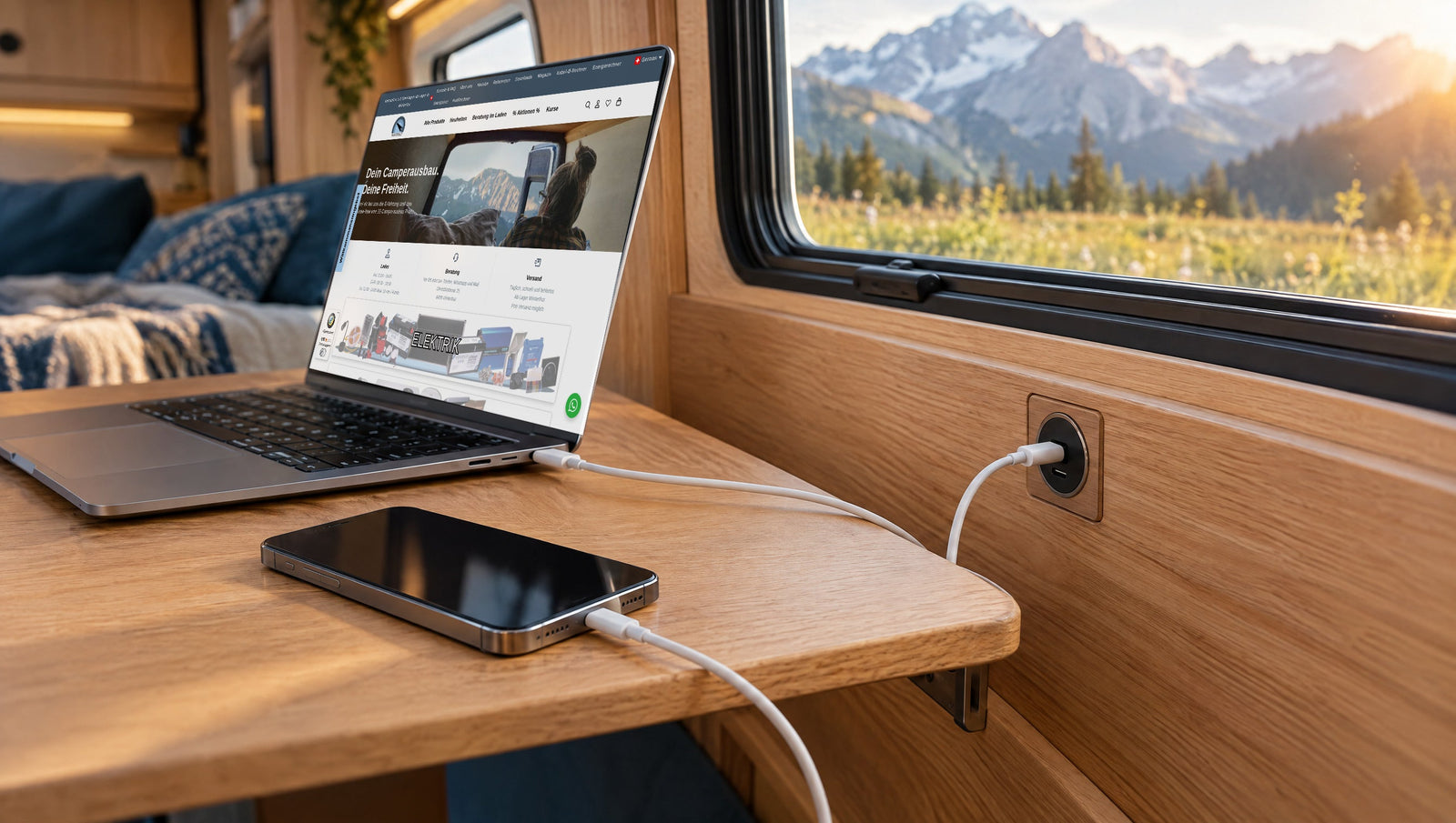 USB-C im Camper: Laptop lädt über eine USB-C-Dose im Holzausbau, Bergblick durchs Fenster