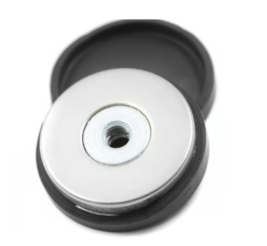 Système d'aimants néodyme Ø 36 mm noir caoutchouté avec filetage intérieur M6, tient environ 21 kg