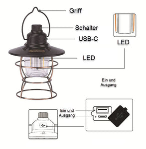 LED Laterne dimmbar, inkl. Akku per USB aufladbar.