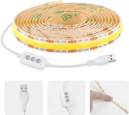 5M USB- 5V LED COB LED Band selbstklebend, 3000K 320Leds
