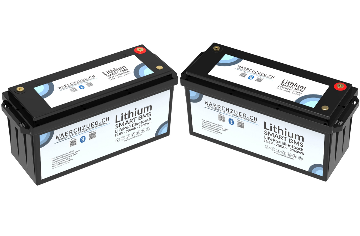 2x 200Ah Lithium LiFePo4 Batterie, 12V, inkl. BMS und Hauptschalter sowie Bluetooth "Doppeldecker"