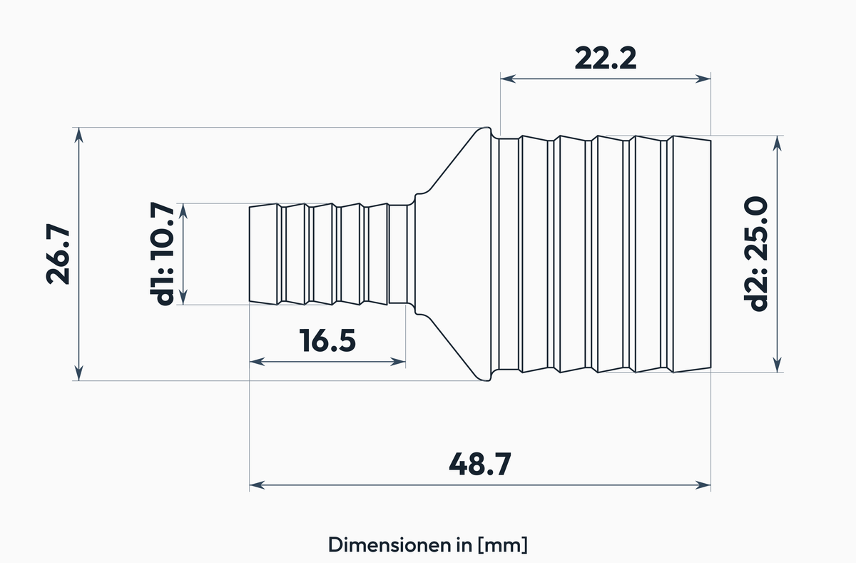 Schlauchverbinder gerade 10.7 – 25.0 mm – Masszeichnung