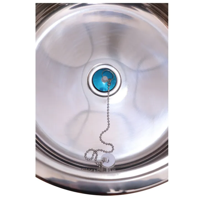 Evier inox rond, D= 36.5cm, incl. planche à découper comme couvercle et flexible