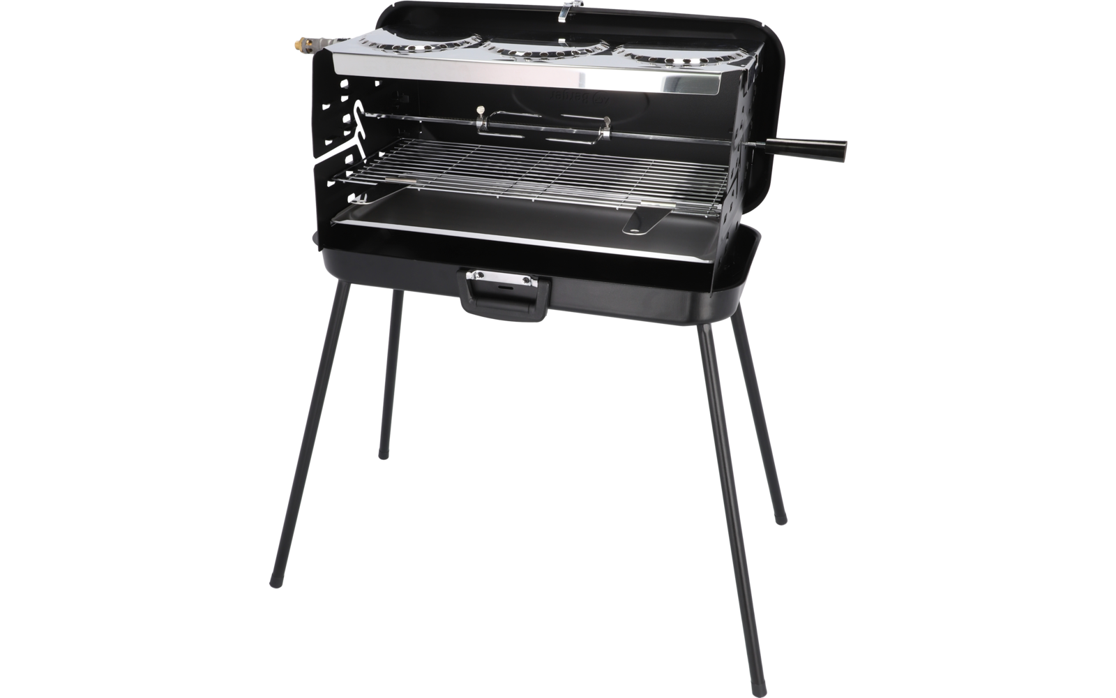 Berger Koffergasgrill schwarz, aufgebaut mit Standbeinen und geöffnetem Deckel