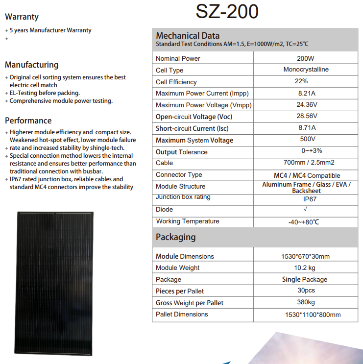 Modulo solare 200W, monocristallino