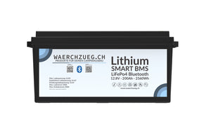 200Ah Lithium LiFePo4 Batterie, 12V, inkl. BMS und Hauptschalter sowie Bluetooth