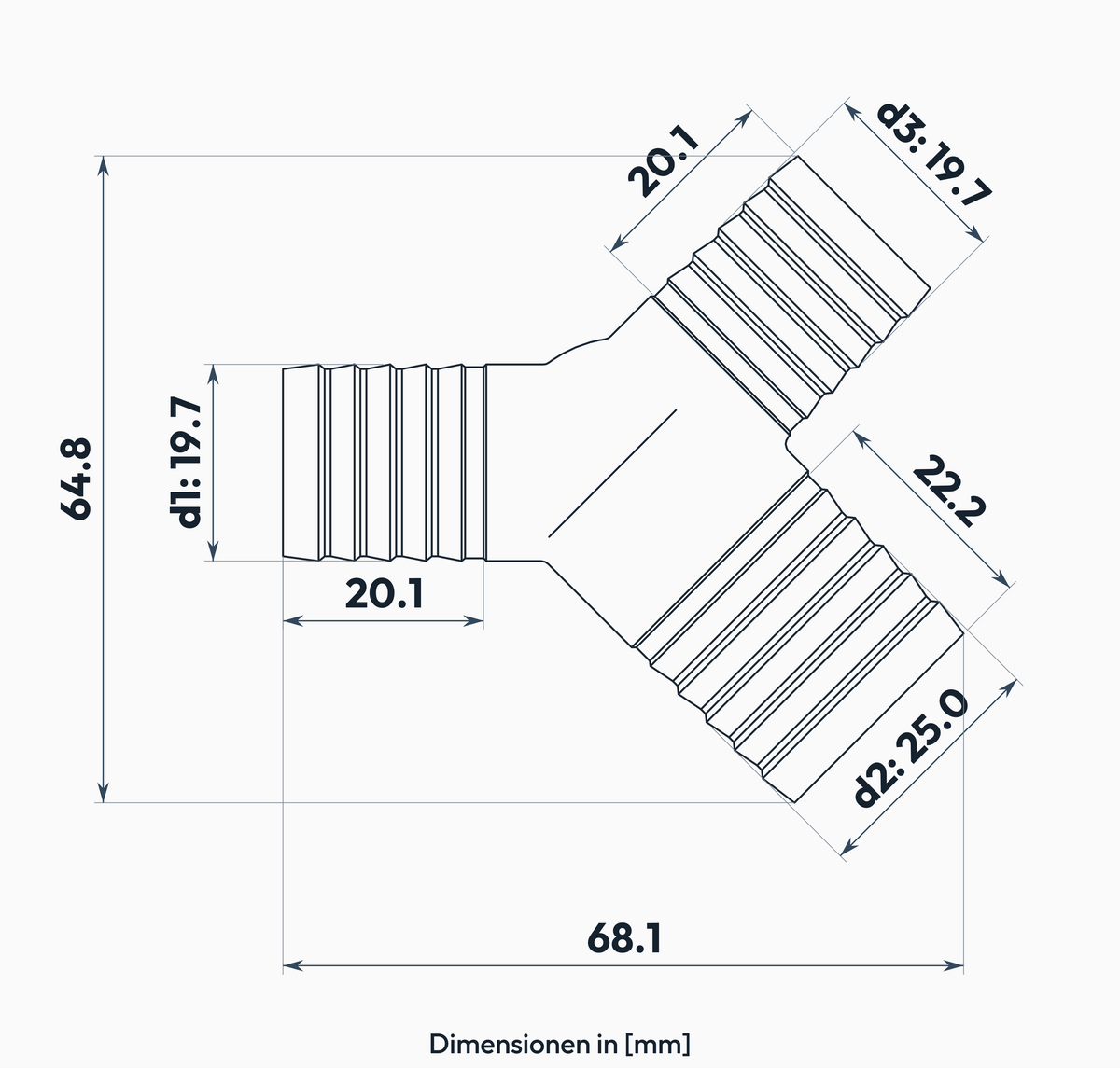 Y-Stück 19.7 / 25.0 / 19.7 mm – Masszeichnung