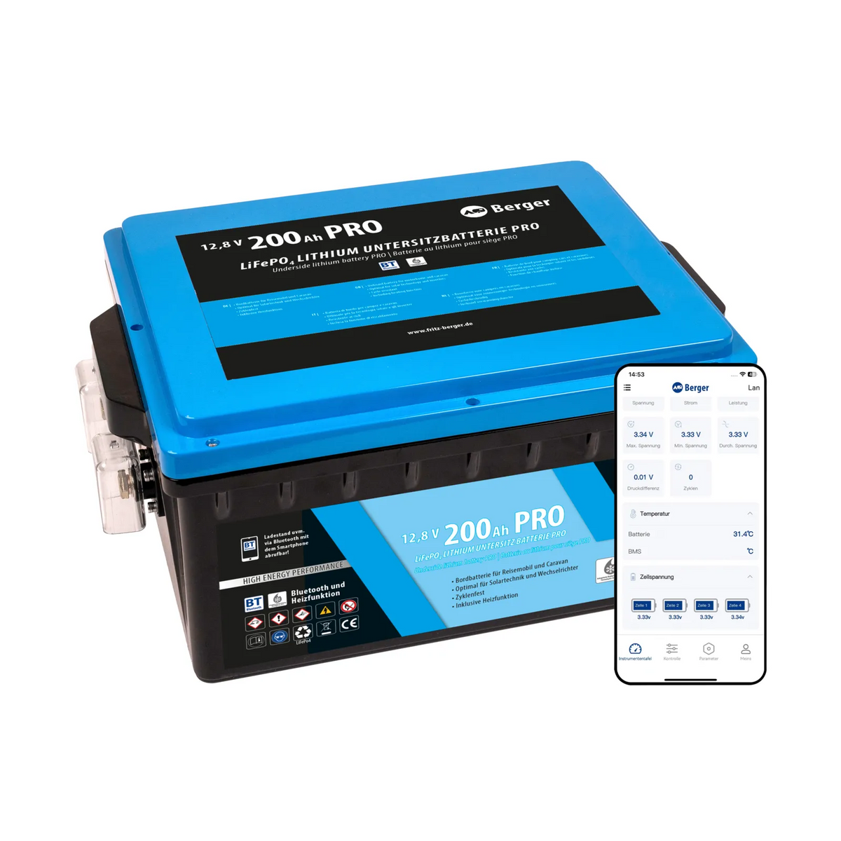Berger LiFePO4 Lithium Untersitz-Batterie Pro 200Ah 12V mit Bluetooth & Heizung