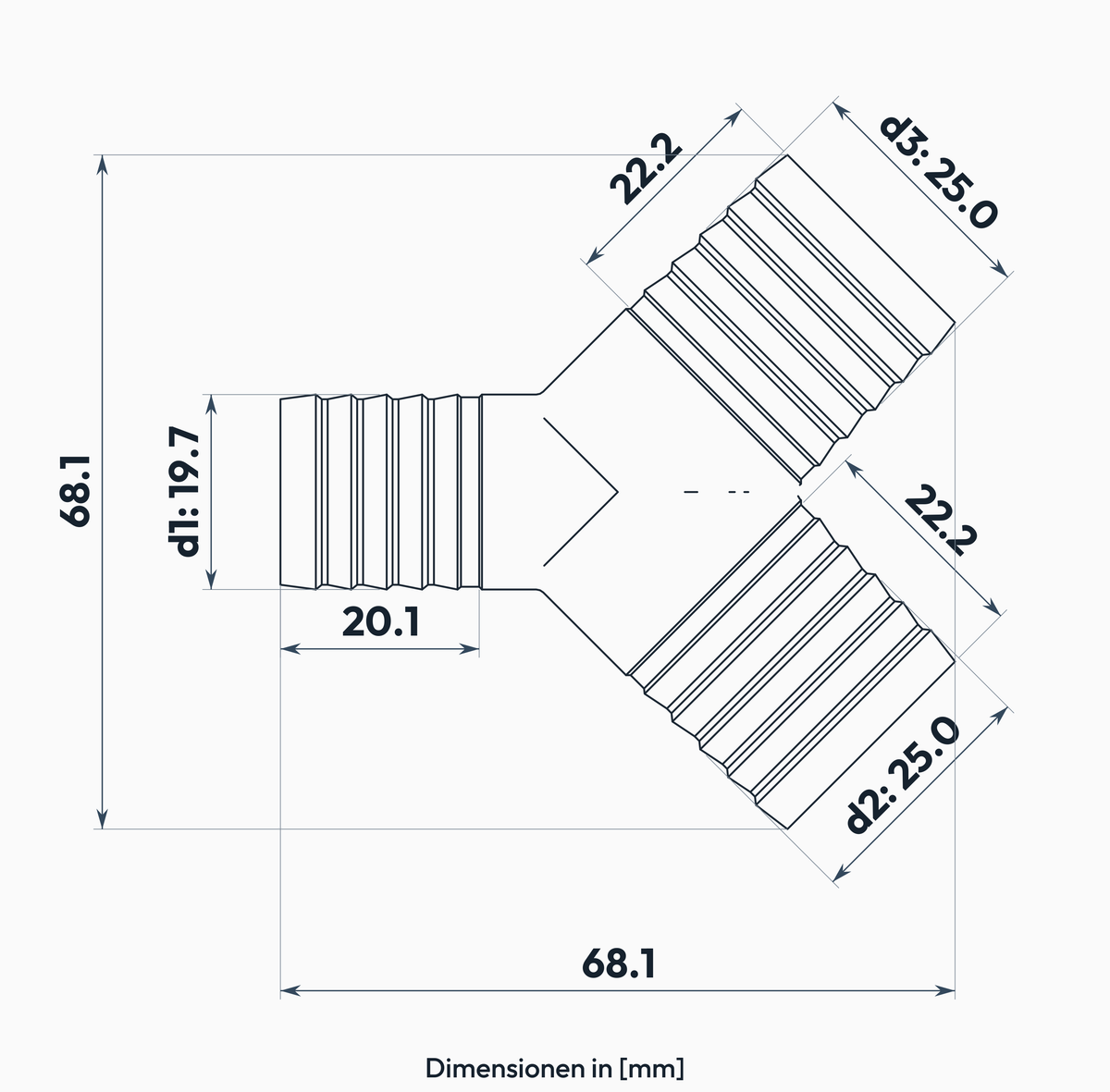Y-Stück 19.7 / 25.0 / 25.0 mm – Masszeichnung