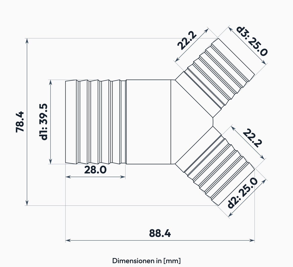 Y-Stück 39.5 / 25.0 / 25.0 mm – Masszeichnung