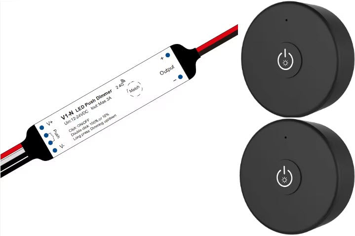 Mini récepteur radio incluant 2x télécommande, variateur LED, jusqu'à 36 watts (compatible V1)