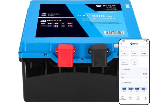 Berger LiFePO4 Lithium Untersitz Batterie Pro 300 Ah 12 V mit Bluetooth & Heizung
