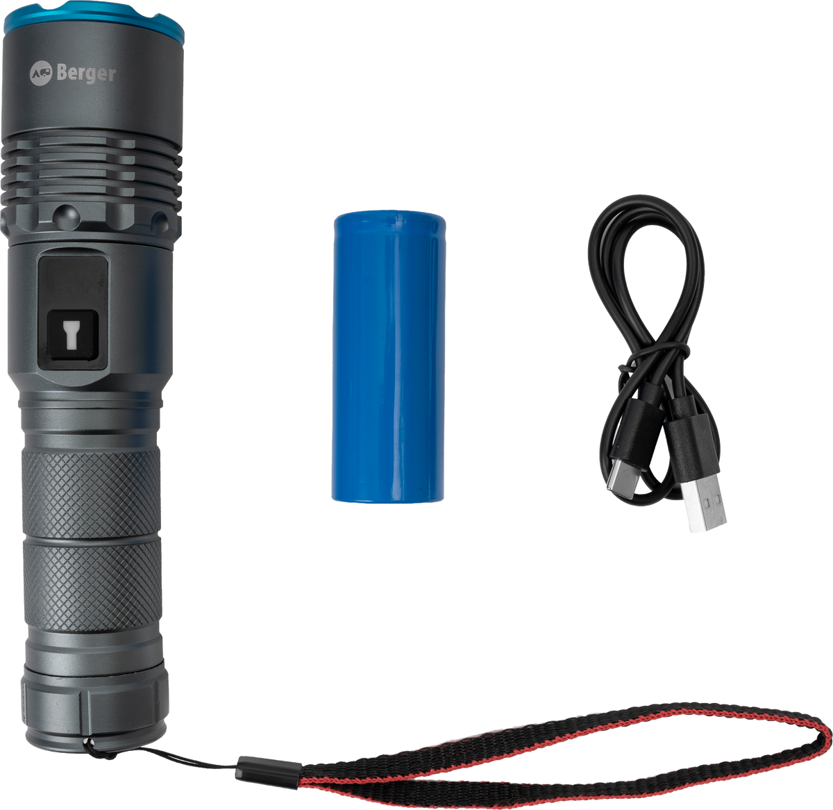 Lieferumfang: Taschenlampe, Akku, Ladekabel und Trageband