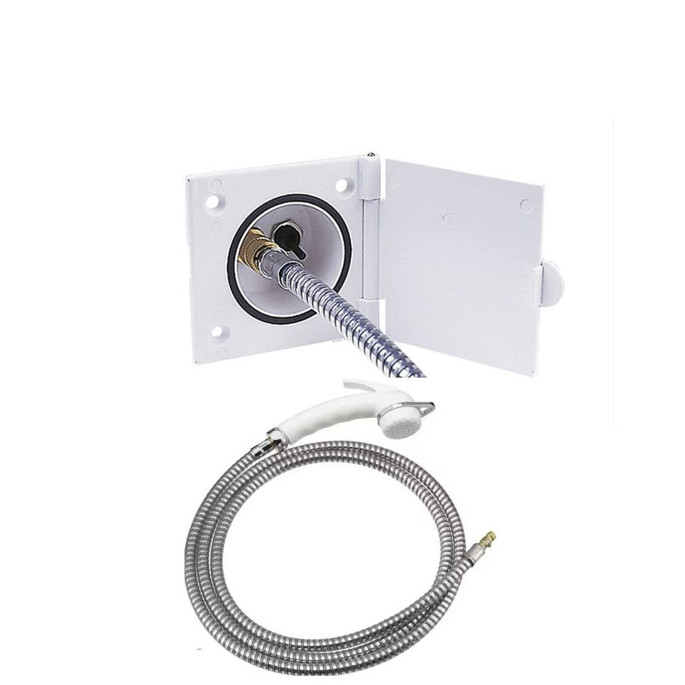 Water socket with shower set and hose, white
