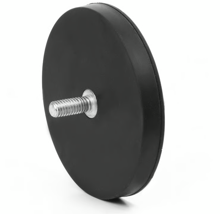 Système d'aimants néodyme Ø 66 mm noir caoutchouté avec pivot fileté, tient environ 25 kg