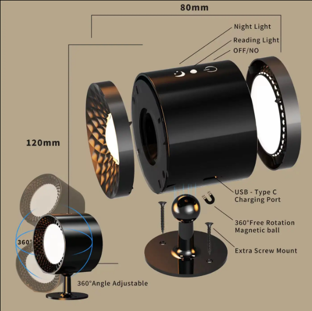 LED spotlight dimmable with rechargeable battery and night function, 3 different white, USB-C