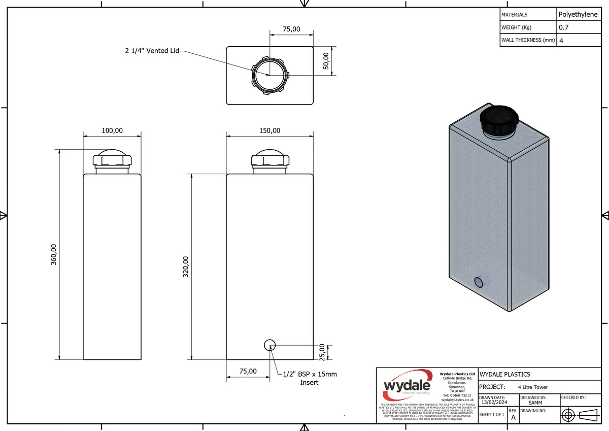 4 Liter Wassertank stehend