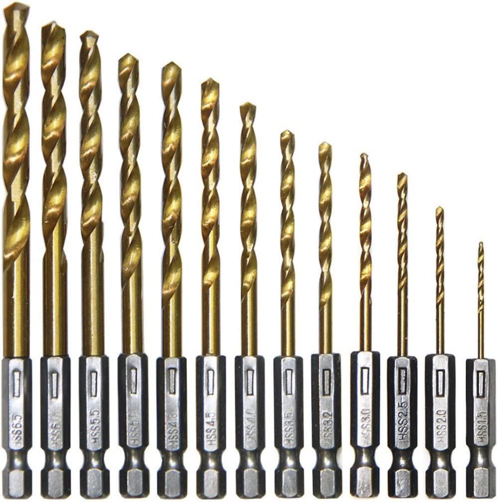 13Stk 1.5-6.5mm Titanbeschichtete Spiralbohrer, mit Bitaufnahme, Set