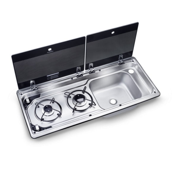 DOMETIC Kombination aus 2-Flammigem Kochfeld und Spüle mit Glasabdeckung, 760 x 325 mm