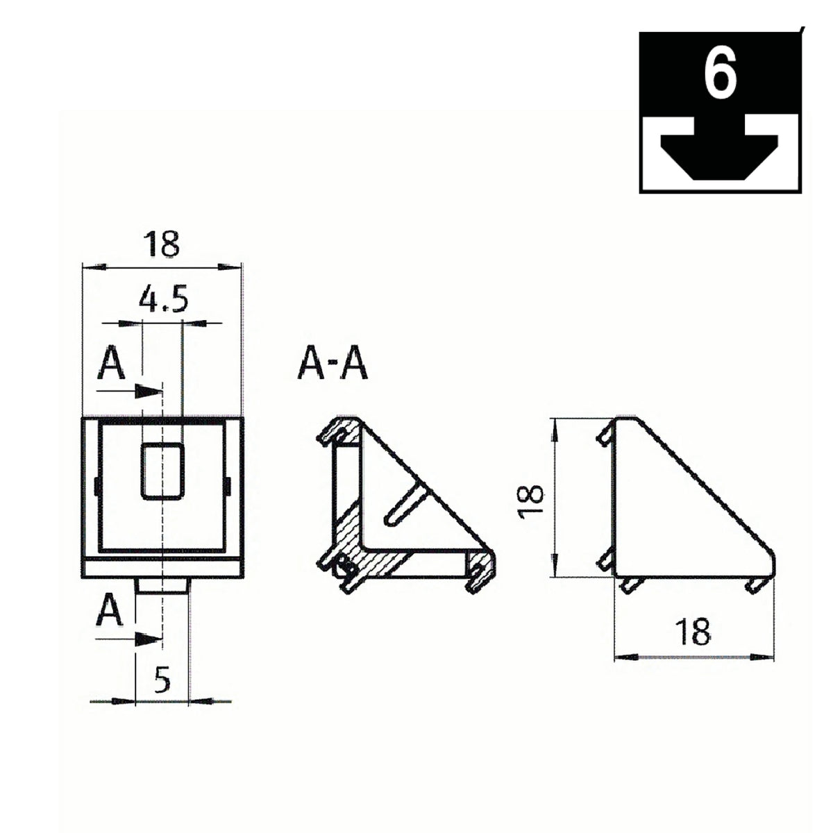 Bracket 20x20 with groove guide and fastening for NUT6