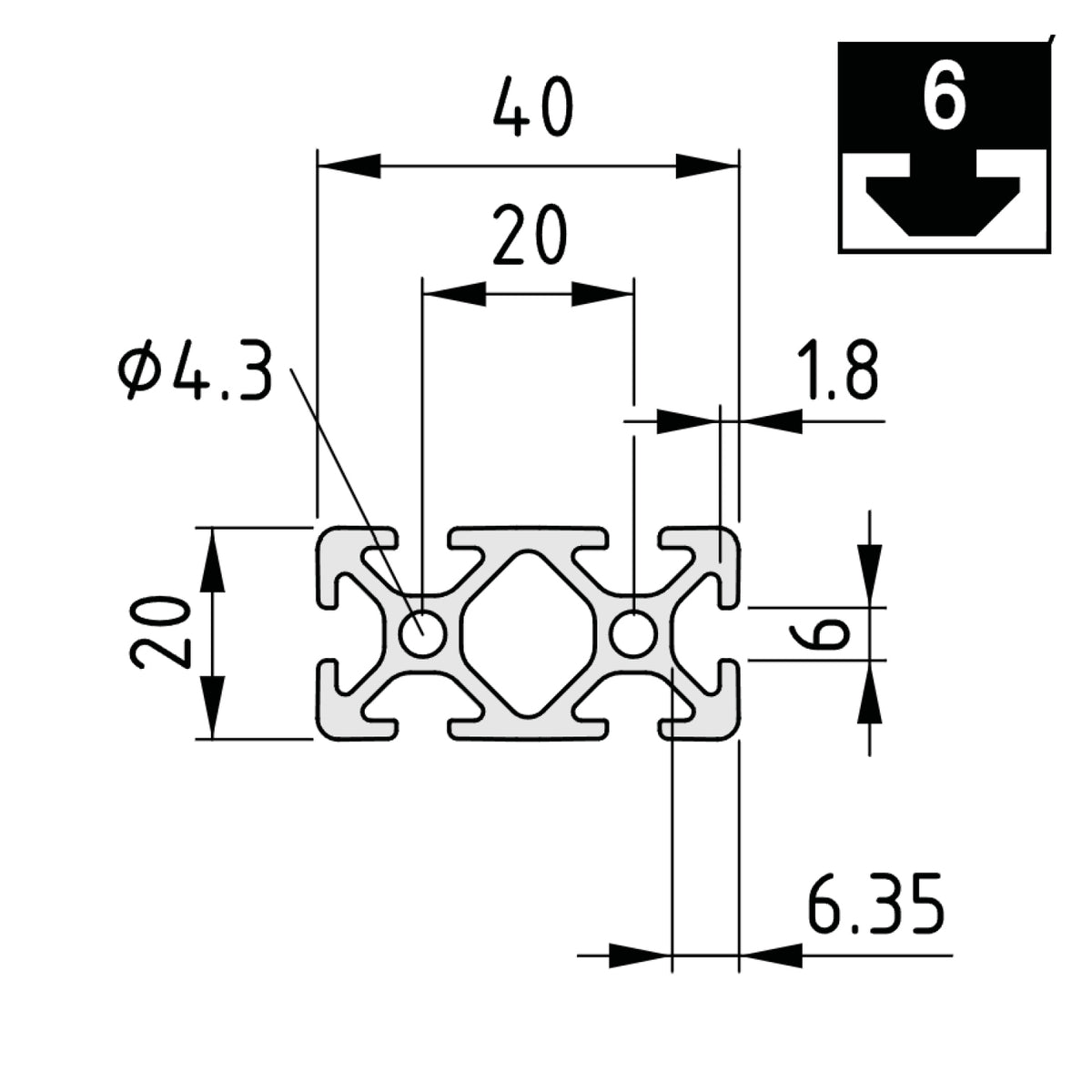 Aluprofil 20x40mm Nut 6 schwarz