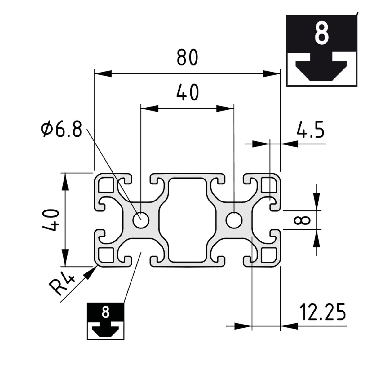 Aluprofil ECO, 40mm x 80mm, 1850mm lang, mit Nut, schwarz