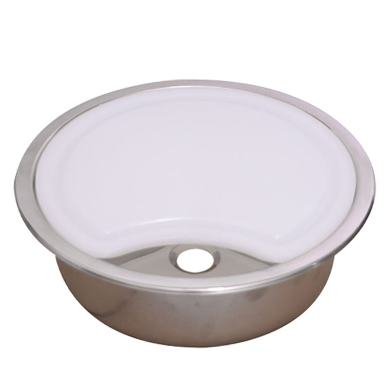Evier inox rond, D= 36.5cm, incl. planche à découper comme couvercle et flexible