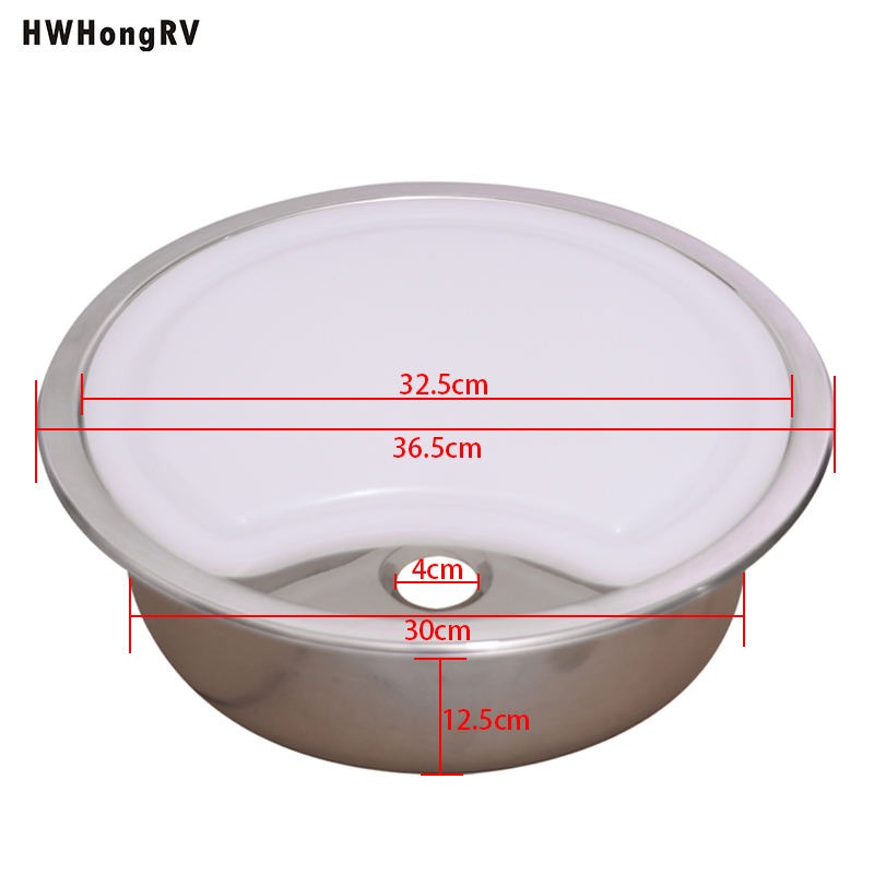 Evier inox rond, D= 36.5cm, incl. planche à découper comme couvercle et flexible