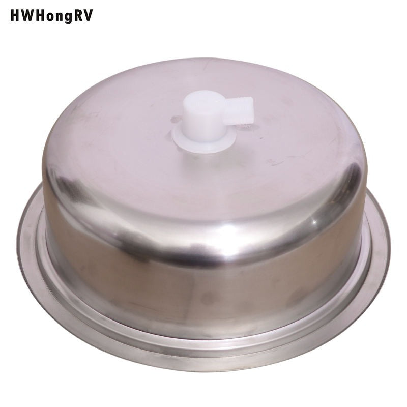 Evier inox rond, D= 36.5cm, incl. planche à découper comme couvercle et flexible